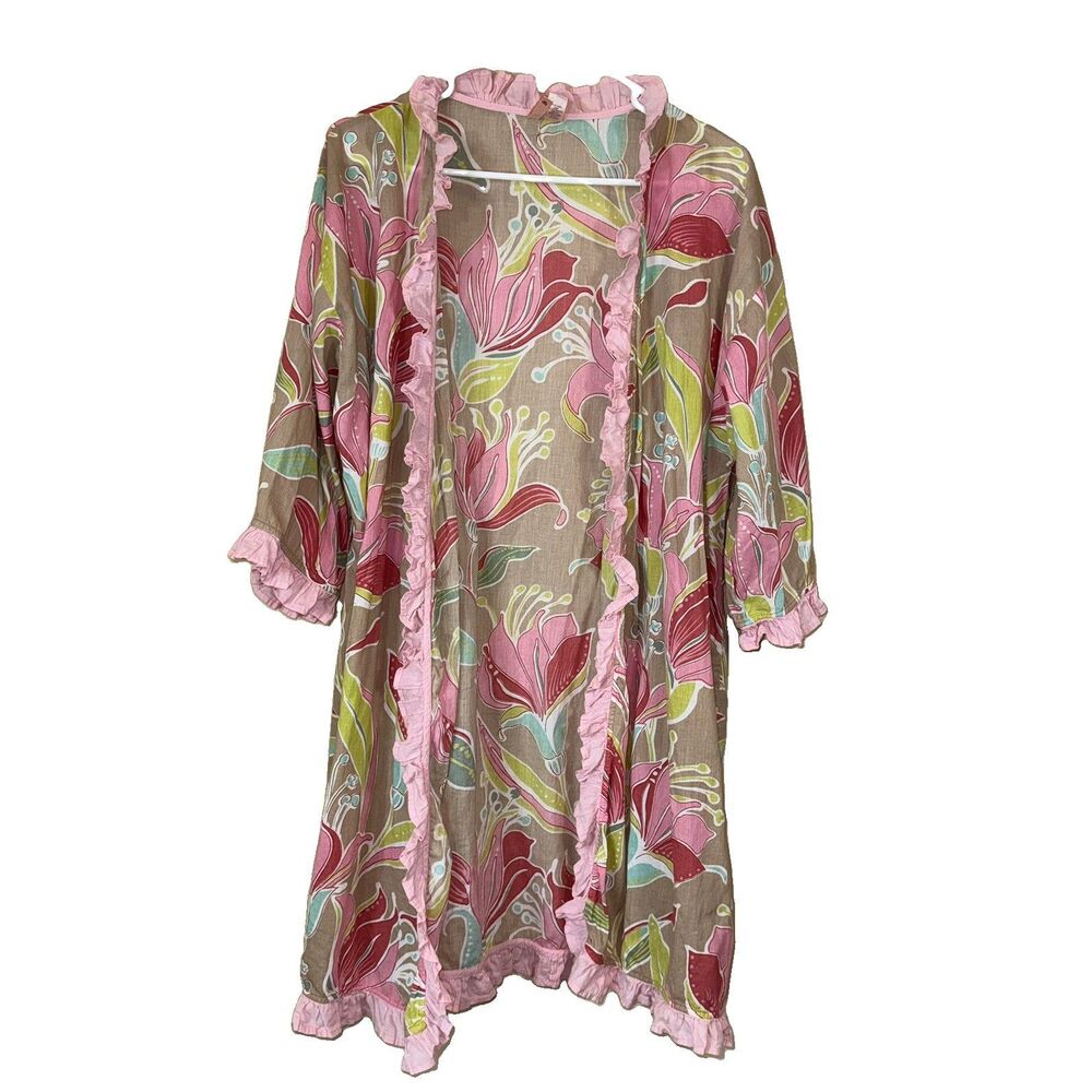 Anthropologie Eloise Pink Floral Robe S/M 100% Cotton Boho Ruffled Edge